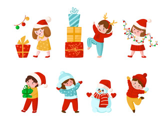 Christmas or New Year bundle - cute cartoon children with gifts, garland, funny snowman and winter activity, happy kids or characters isolated on white background, - vector illustrations