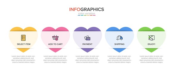 Concept of shopping process with 5 successive steps. Five colorful graphic elements. Timeline design for brochure, presentation, web site. Infographic design layout.