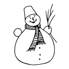Pretty smiling snowman with a bucket on his head.  He has a knitted scarf around his neck.  He holds a twig in a snowy hand.  Vector illustration in doodle outline style.