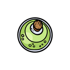 Magic potion cartoon bottle icon top view. Bottle jar with green brew cute Halloween symbol. Comic style alchemy pictogram for web, mobile and infographics