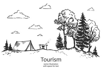 Vector vector illustration of nature. tourism. forest, tent in nature. landscape with forest. Illustration of tourism and recreation in the wild. hand drawn sketch