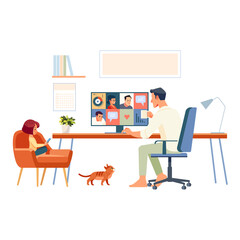 Working at home. Father and school-girl working from home, using internet and e-learning. Businessman with group of colleagues in video conference in quarantine pandemic. Cartoon vector illustration