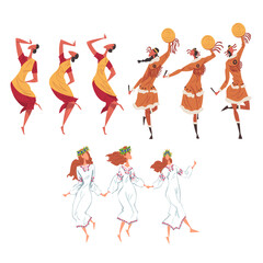 Ritual Dance Set, People of Different Nationalities Dancing Folk Dance Wearing Traditional Costumes Cartoon Style Vector Illustration