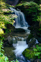 Larger waterfall on the river in the forest.