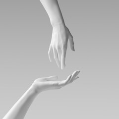 White beautiful woman's hand sculpture isolated on yellow background. Palm up showing and presenting female art creative concept banner, mannequin arm 3d rendering - 376829227