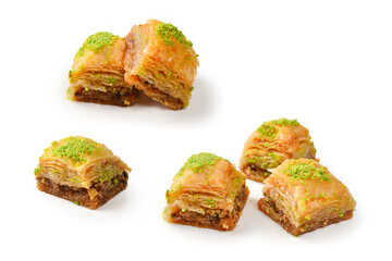 Pistachio baklava on a white background. Dessert.