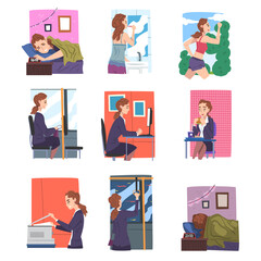 Businesswoman or Office Employee Daily Routine Set, Young Woman Waking Up, Having Breakfast, Working in Office on Computer Cartoon Style Vector Illustration