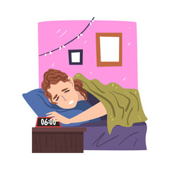 Woman Lying on her Bed Being Woken Up by Alarm Clock, Businesswoman or Office Employee Daily Routine Cartoon Style Vector Illustration