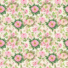  Seamless beautiful pattern wild roses drawn by paints on paper