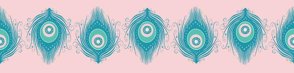 Peacock feather banner design in teal and pink. Cute vector seamless repeat exotic bird feathers border.