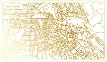 Amsterdam Holland City Map in Retro Style in Golden Color. Outline Map.
