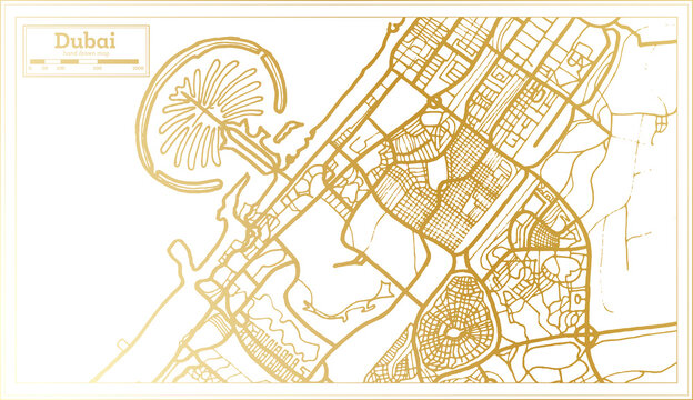 Dubai UAE City Map in Retro Style in Golden Color. Outline Map.