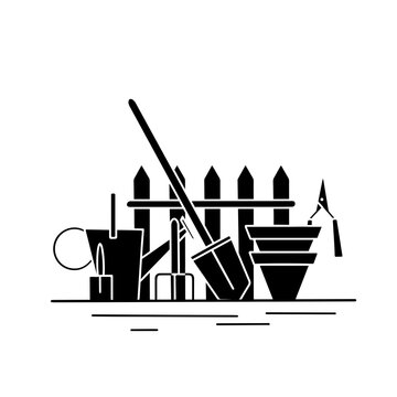 recommend clip art: Black silhouette of gardening tools. Watering can, shovel, rake, pots and fence. An active hobby in nature. Vector outline drawing for logos, banners and your design.