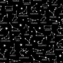 Vector zodiac constellation signs with star seamless pattern background on black surface