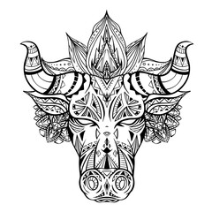 Outline illustration of a bull head with boho decoration and mandala. The symbol of the new year 2021. Contour native buffalo with horns. Vector illustration of animal head for tattoo and your design