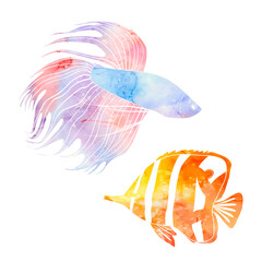 Set of various watercolor tropical fish isolated from the background. Marine underwater fauna. Vector object for postcards, banners, menus and your design