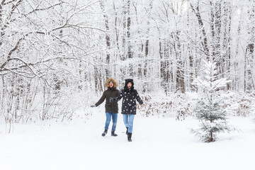 A young and beautiful couple is having fun in the snowy park, running and holding hands. Valentine's Day concept. Winter season.