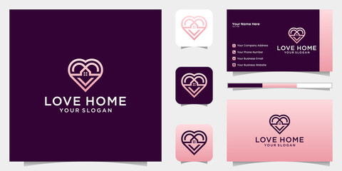 Love home logo heart and house icon combination and business card