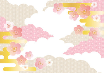 梅の花と雲の和柄背景
