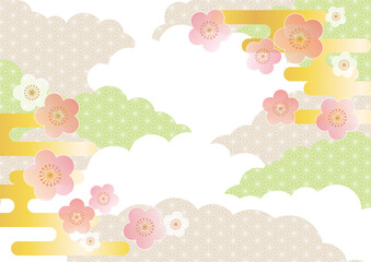 梅の花と雲の和柄背景