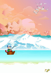 Picturesque arctic landscape with ocean and mountains with fisherman in boat set against a dawn or dusk pink sky