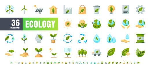 Vector of 36 Ecology and Green Energy Power Flat Color Icon Set. 48x48 and 192x192 Pixel.