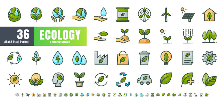 Vector of 36 Ecology and Green Energy Power Filled Color Line Outline Icon Set. 48x48 and 192x192 Pixel Perfect Editable Stroke.