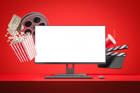 Blank computer screen. Concept of online movie watching. Home theater. Tickets, popcorn, film strip, numbering fly on a red background. Mock Up. 3d rendering