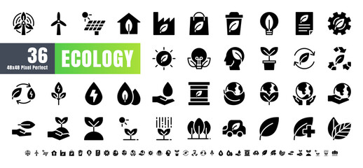 Vector of 36 Ecology and Green Energy Power Solid Glyph Icon Set. 48x48 and 192x192 Pixel Perfect.