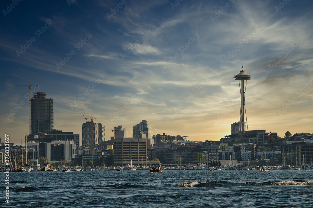 Poster 2020-08-25 THE SOUTH SHORELINE OF LAKE UNION WITH THE SEATTLE SKYLINE AND BLUE CLOUDS