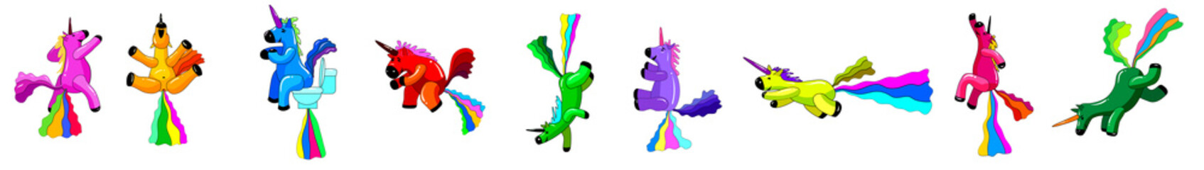 Set Unicorns pooping a rainbow, fantasy cute character beast multicolored shit turd. Vector illustration isolated cartoon style