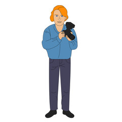A young male photographer with red hair in a blue jacket holds a camera in his hands. Flat design vector illustration