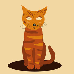 Striped ginger cat in cartoon style sitting on the mat cute pet