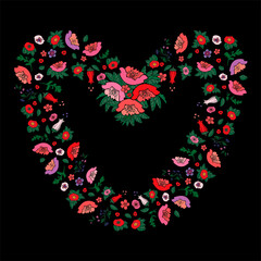 Beautiful heart made of poppies and tulips with empty space for text isolated on black background. Vector illustration