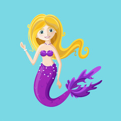 Beautiful fairy mermaid with purple tail for kids patterns and books. Mermaid waving hi. Colorful vector illustration in cartoon style.
