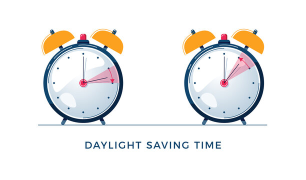 Daylight Saving Time concept. Set of alarm clocks with text. The hand of the clocks turning to winter or summer time. DST change in Northern Hemisphere, vector illustration in modern flat style design