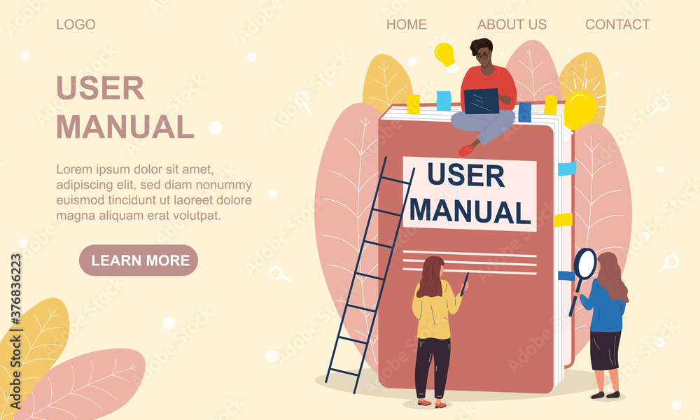 Poster technical support concept. diverse multiracial characters studing the user s guide. web page templat