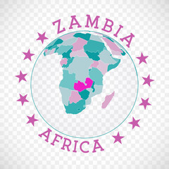 Zambia round logo. Badge of country with map of Zambia in world context. Country sticker stamp with globe map and round text. Beautiful vector illustration.