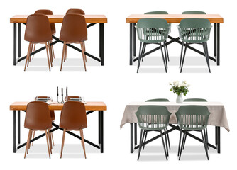 Set of different tables and chairs on white background