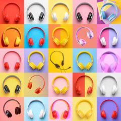 Many different headphones on colorful background