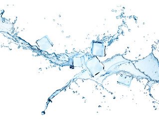 Ice cubes with splashes of water on white background