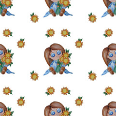 Seamless pattern. Childrens collection. A cute little girl sits with a bouquet of yellow flowers of sunflowers on a white background. Watercolor. Hand drawing. For childrens design and decor