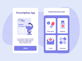 Prescription app pill tablet medicine email treatment for mobile apps template banner page UI with three variations modern flat color style