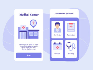 Medical center find doctor reservation schedule check up for mobile apps template banner page UI with two variations modern flat color style.