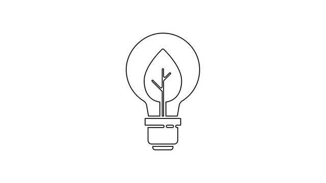 Black line Light bulb with leaf icon isolated on white background. Eco energy concept. Alternative energy concept. 4K Video motion graphic animation.