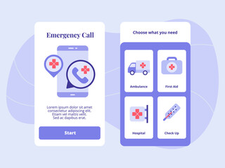 Emergency call ambulance first aid hospital check up for mobile apps template banner page UI with two variations modern flat color style