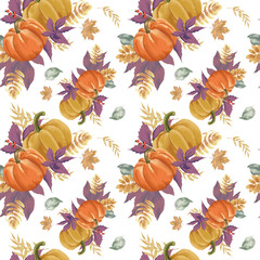 Autumn seasonal seamless pattern bright colors on white background. Pumpkins and leaves. 6x6 inches (15x15 cm)