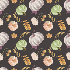 Autumn seasonal seamless pattern gentle colors on dark chocolate background. Pumpkins and leaves. 6x6 inches (15x15 cm)