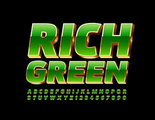 Vector Rich Green and Gold Alphabet Letters and Numbers set. 3D Luxury Font
