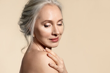 Senior lady with perfect skin closeup beauty portrait.  - obrazy, fototapety, plakaty